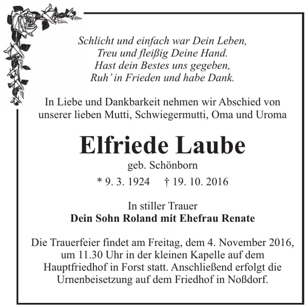 Traueranzeige Elfriede Laube, geb. Schönborn