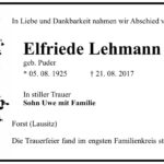 Traueranzeige Elfriede Lehmann, geb. Puder