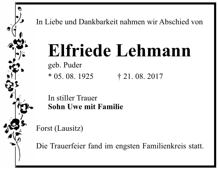 Traueranzeige Elfriede Lehmann, geb. Puder