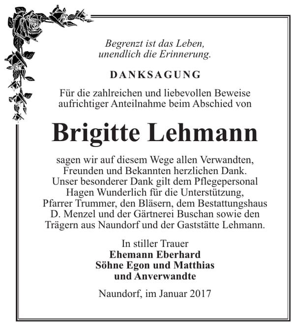 Danksagung Brigitte Lehmann