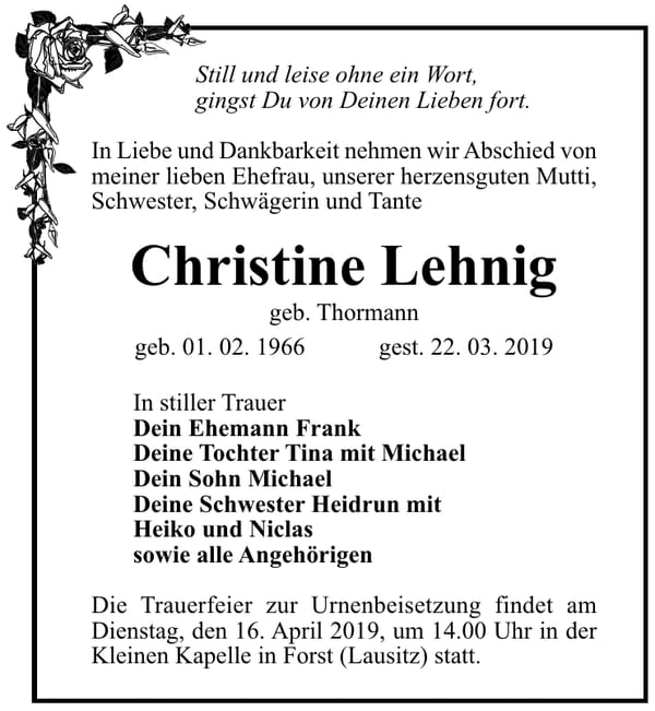 Traueranzeige Christine Lehnig, geb. Thormann