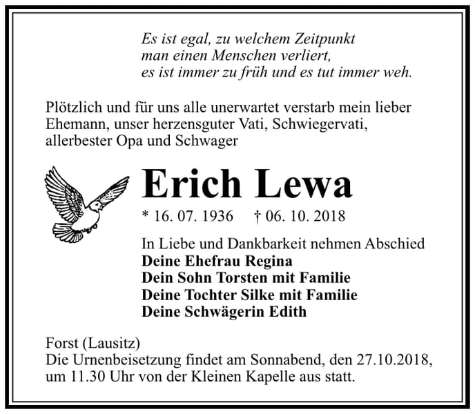 Traueranzeige Erich Lewa