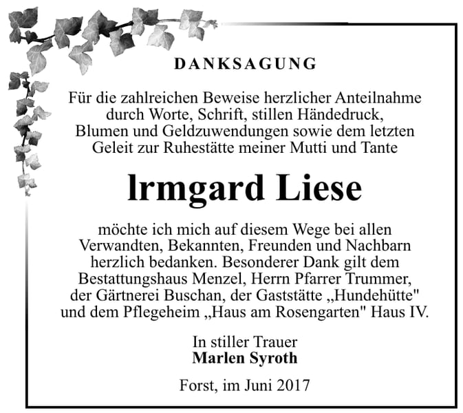 Danksagung Irmgard Liese