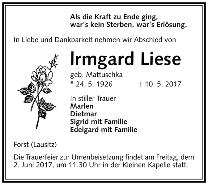 Traueranzeige Irmgard Liese, geb. Mattuschka