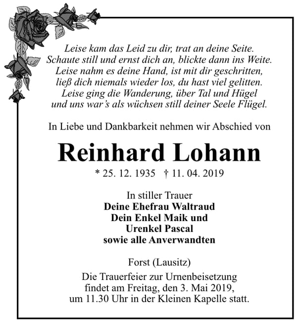 Traueranzeige Reinhard Lohann