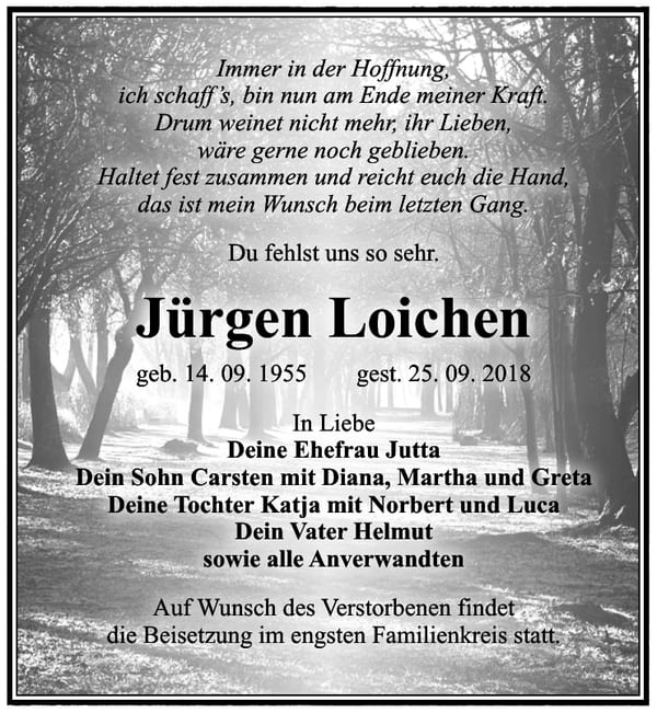Traueranzeige Jürgen Loichen