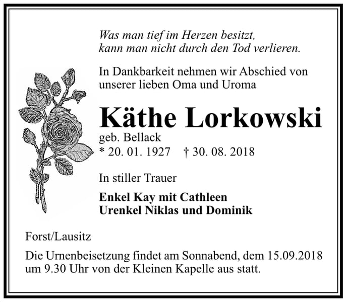 Traueranzeige Käthe Lorkowski, geb. Bellack
