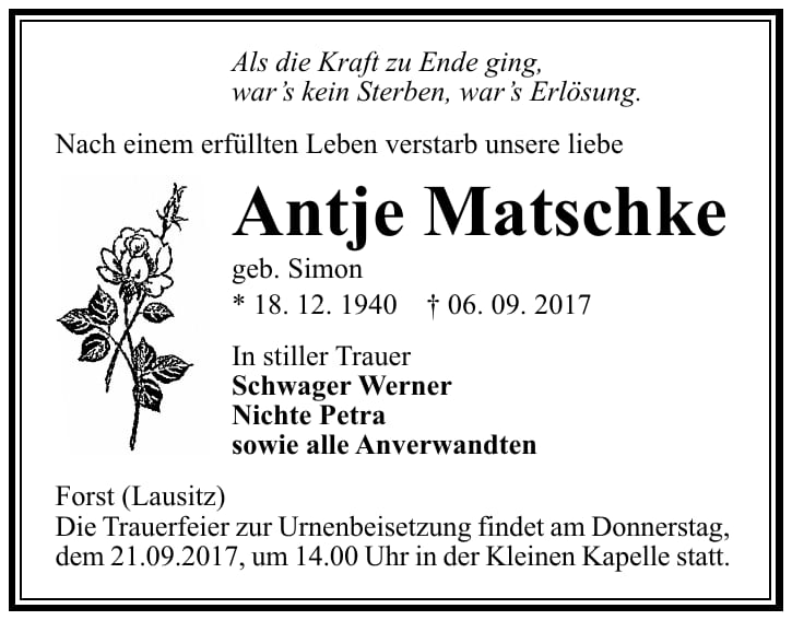 Traueranzeige Antje Matschke, geb. Simon