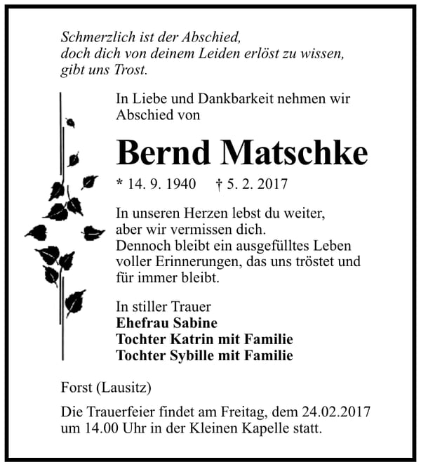 Traueranzeige Bernd Matschke