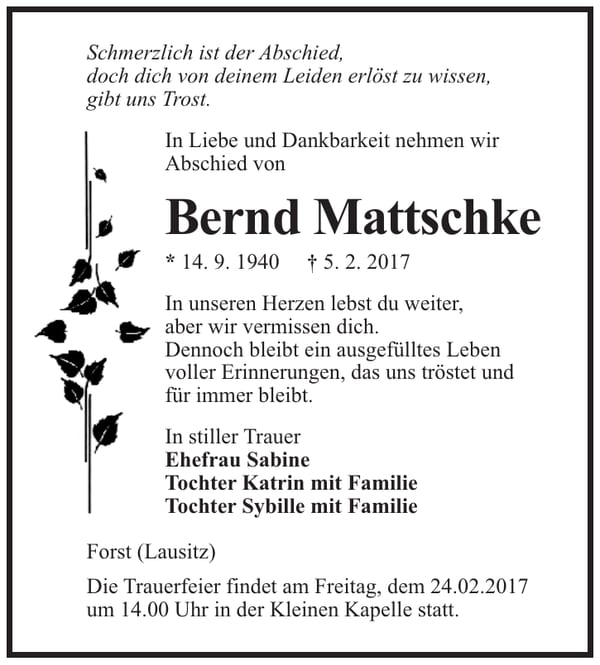 Traueranzeige Bernd Mattschke