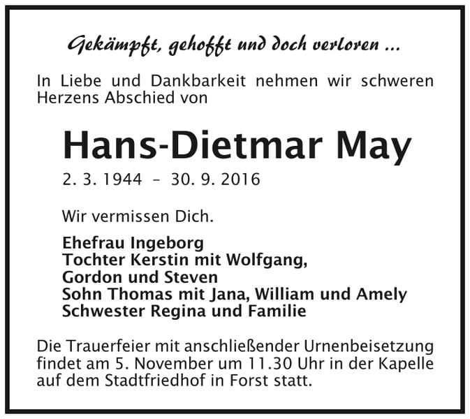Traueranzeige Hans-Dietmar May