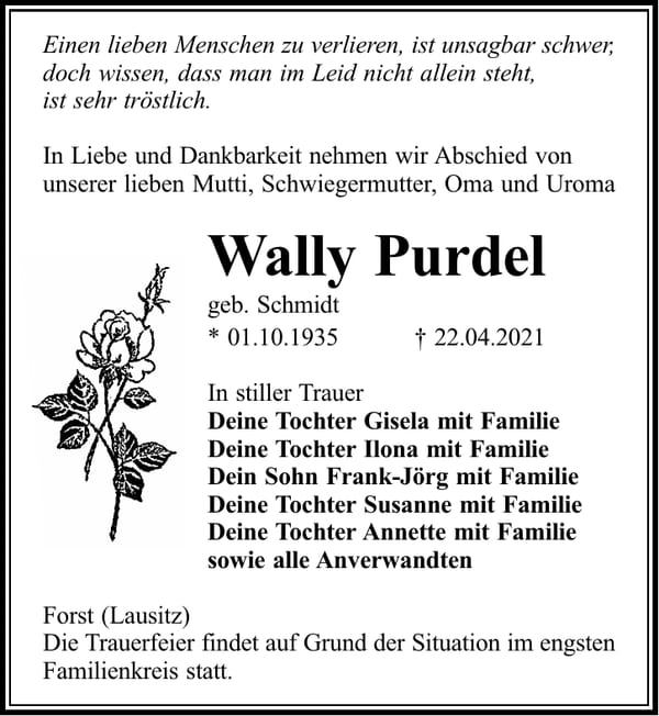 Traueranzeige Wally Purdel, geb. Schmidt