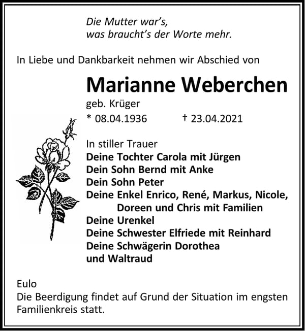 Traueranzeige Marianne Weberchen, geb. Krüger