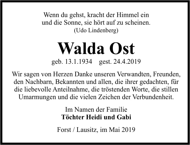 Danksagung Walda Ost