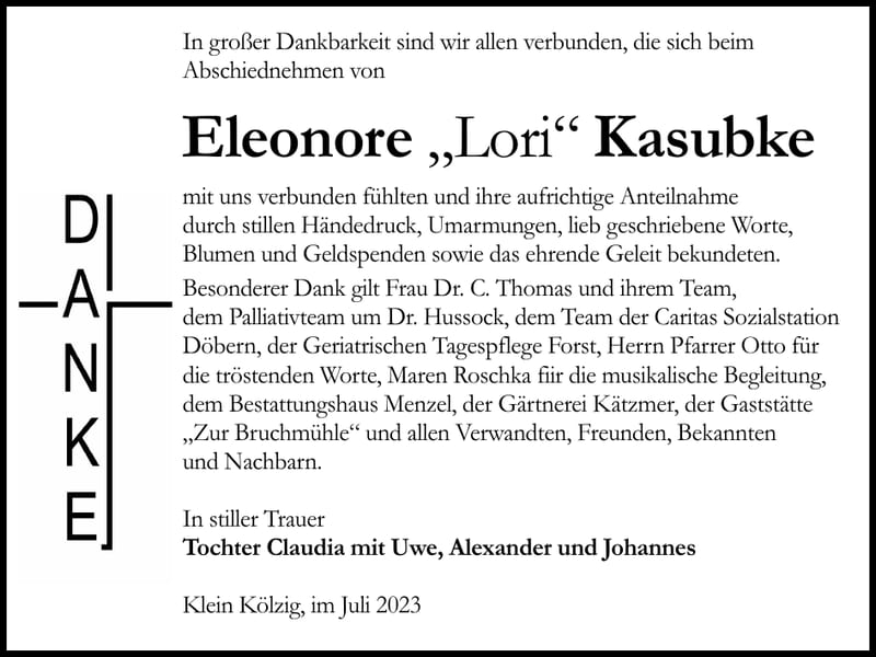 Danksagung Eleonore „Lori“ Kasubke
