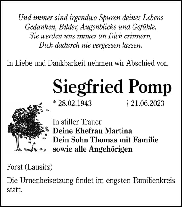 Traueranzeige Siegfried Pomp