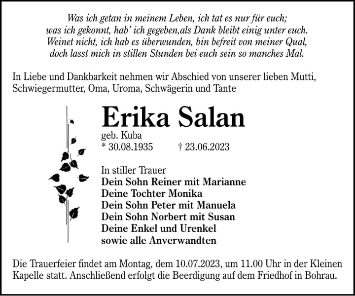 Traueranzeige Erika Salan, geb. Kuba