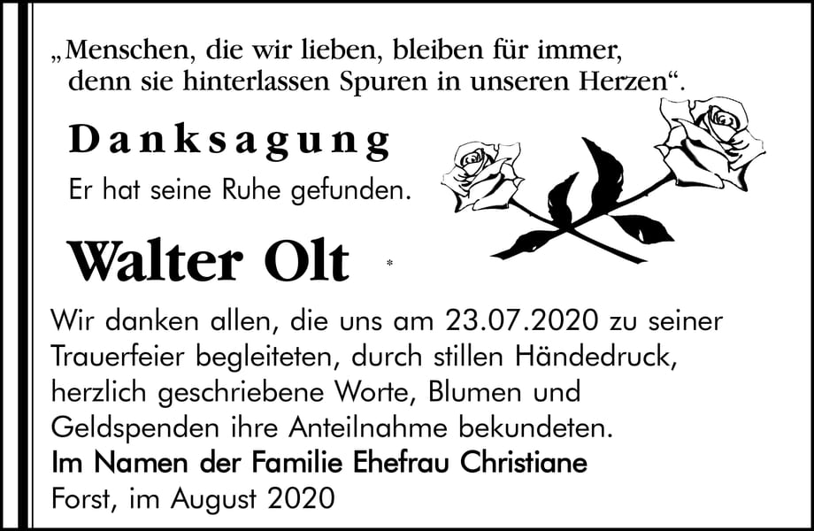 Danksagung Walter Olt