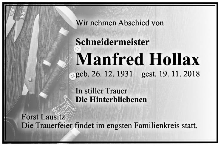 Traueranzeige Manfred Hollax