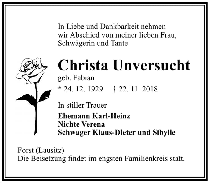 Traueranzeige Christa Unversucht, geb. Fabian