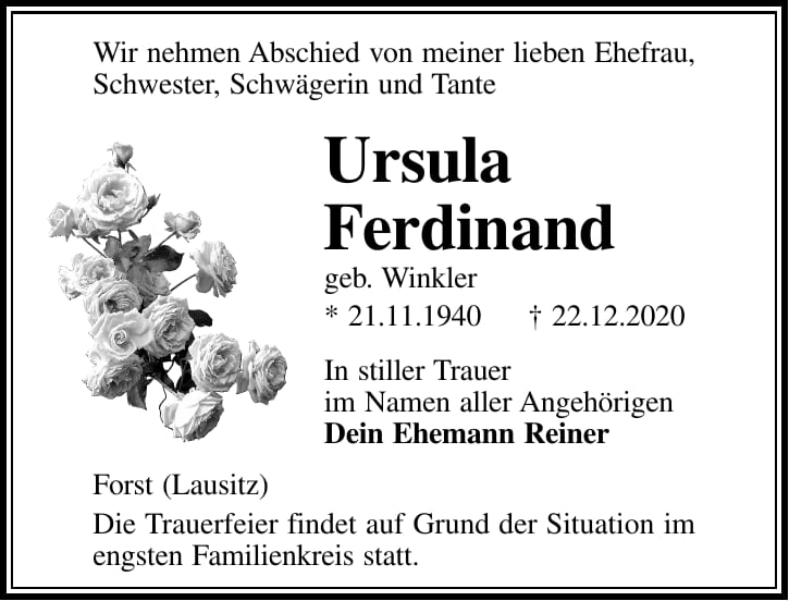Traueranzeige Ursula Ferdinand, geb. Winkler