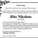 Danksagung Rita Nikolaus, geb. Hapke