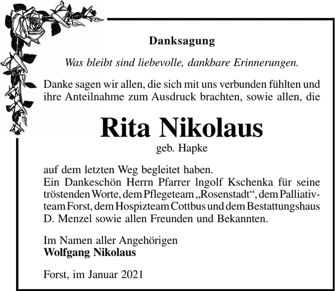 Danksagung Rita Nikolaus, geb. Hapke