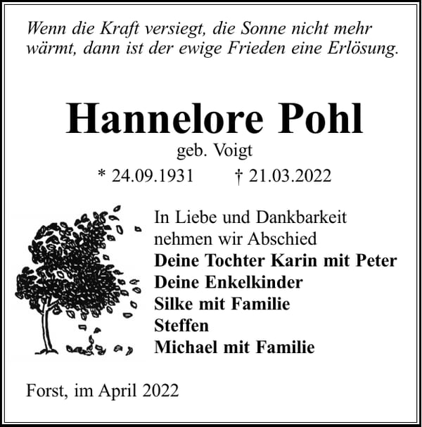 Traueranzeige Hannelore Pohl, geb. Voigt