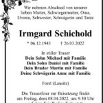 Traueranzeige Irmgard Schichold