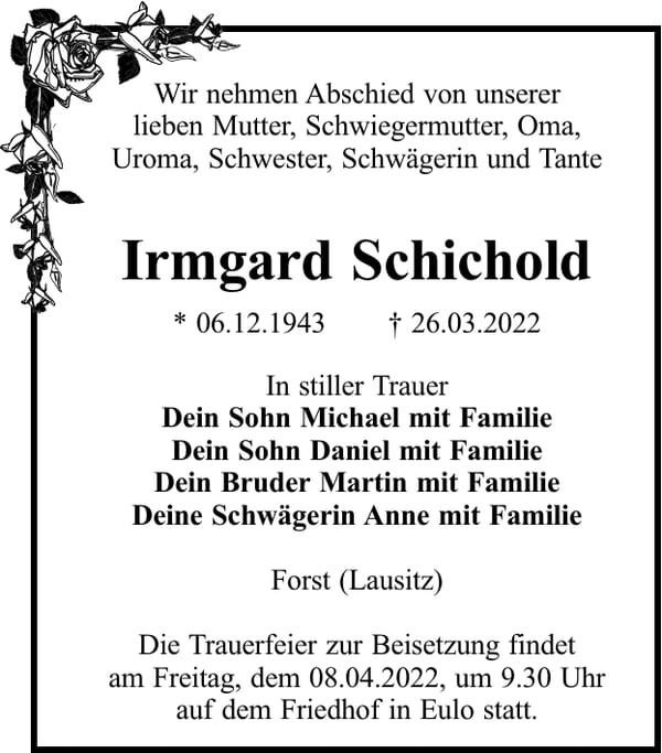 Traueranzeige Irmgard Schichold