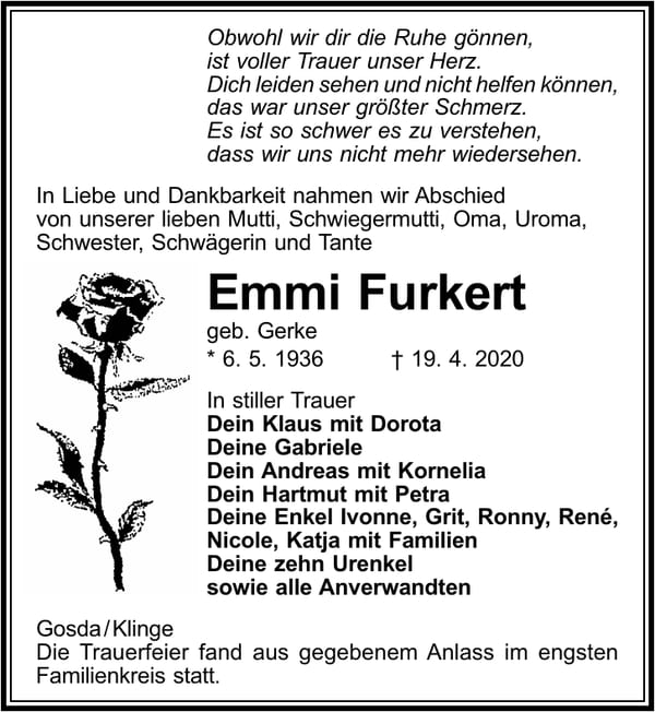 Traueranzeige Emmi Furkert, geb. Gerke