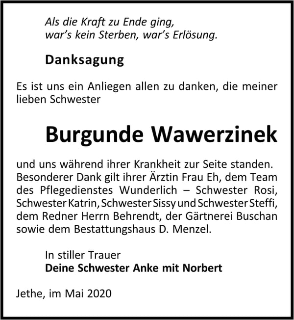 Danksagung Burgunde Wawerzinek