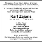 Traueranzeige Karl Zajons