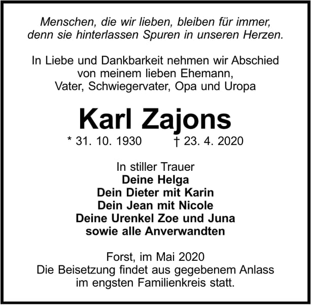 Traueranzeige Karl Zajons