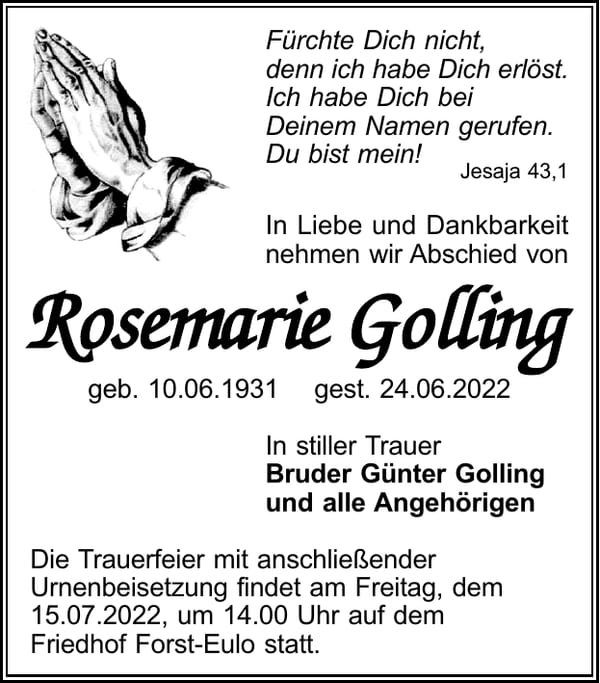 Traueranzeige Rosemarie Golling