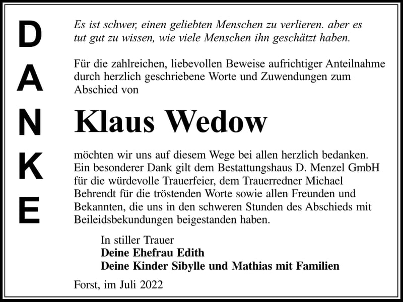 Danksagung Klaus Wedow