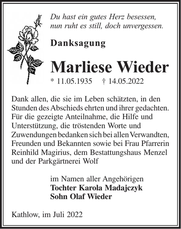 Danksagung Marliese Wieder