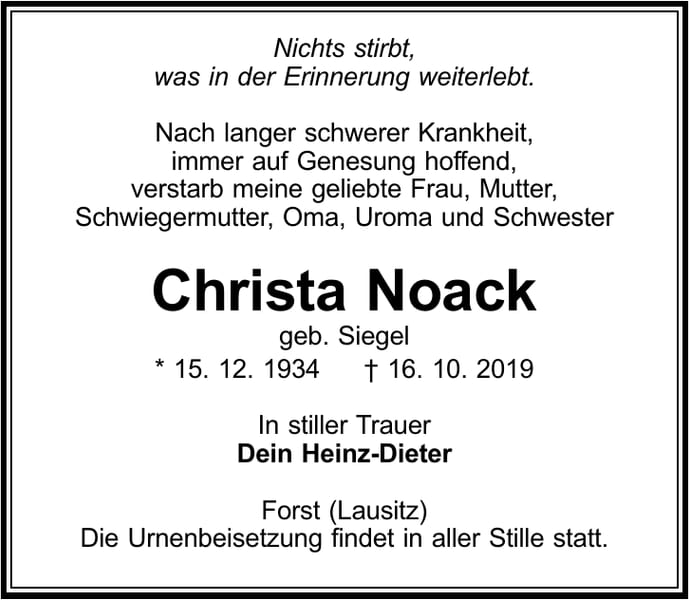Traueranzeige Christa Noack, geb. Siegel