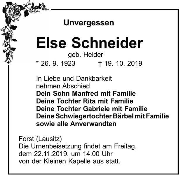 Traueranzeige Else Schneider, geb. Heider