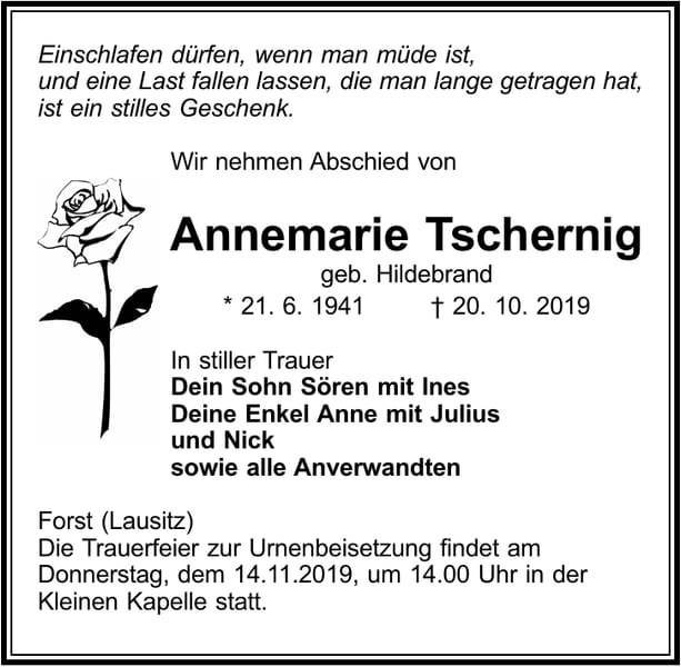 Traueranzeige Annemarie Tschernig, geb. Hildebrand