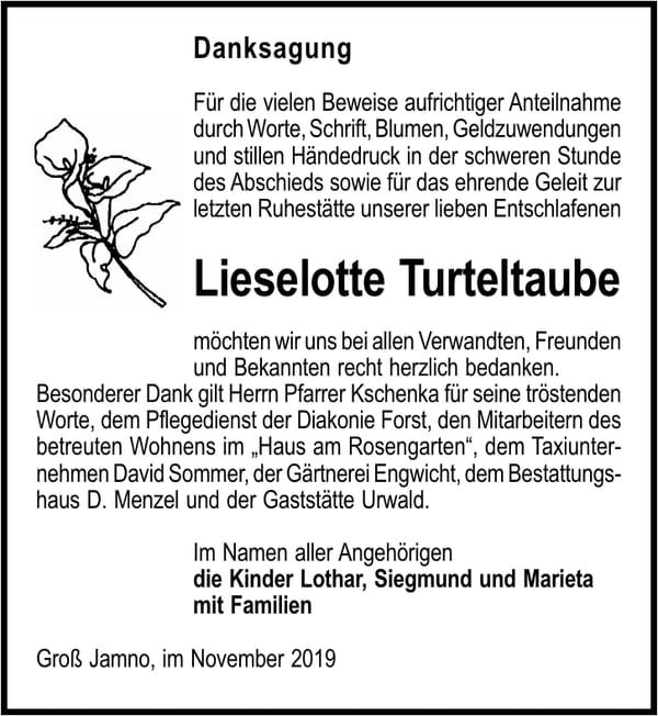 Danksagung Lieselotte Turteltaube