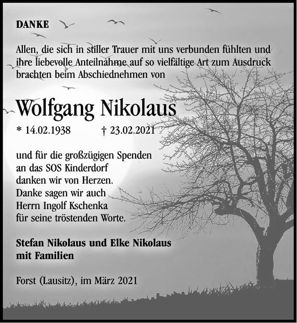 Danksagung Wolfgang Nikolaus
