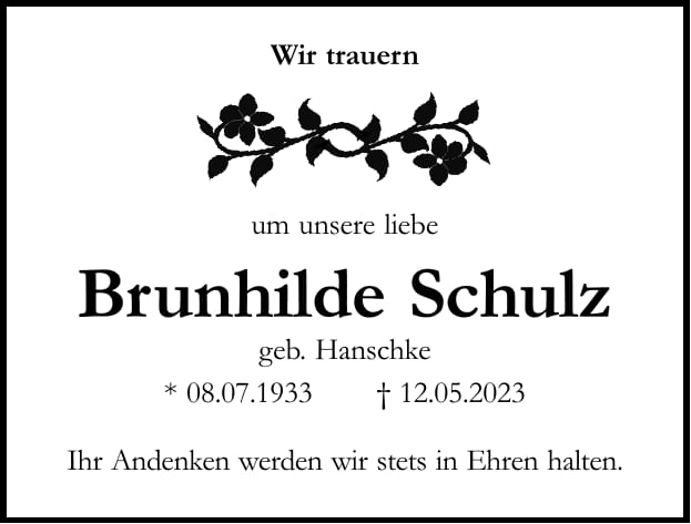 Traueranzeige Brunhilde Schulz, geb. Hanschke