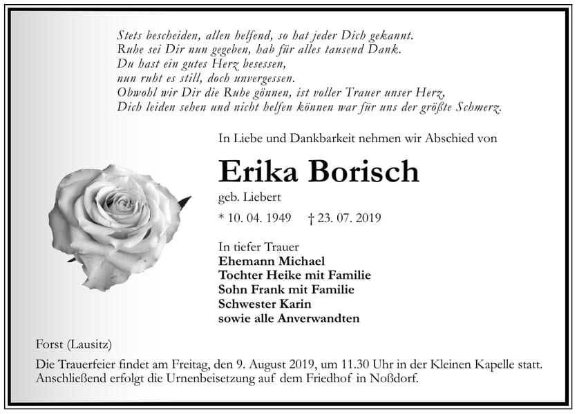 Traueranzeige Erika Borisch, geb. Liebert