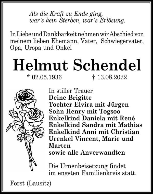 Traueranzeige Helmut Schendel