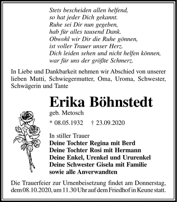 Traueranzeige Erika Böhnstedt, geb. Metosch