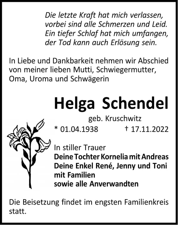 Traueranzeige Helga Schendel, geb. Kruschwitz