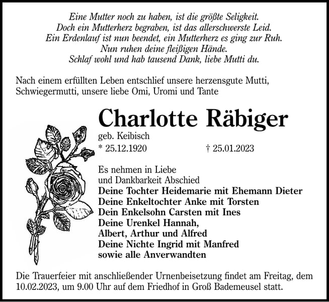 Traueranzeige Charlotte Räbiger, geb. Keibisch