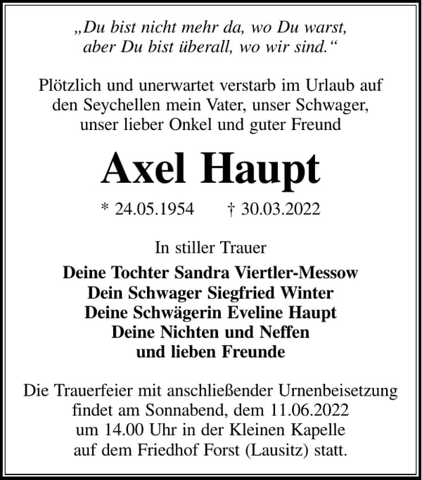 Traueranzeige Axel Haupt