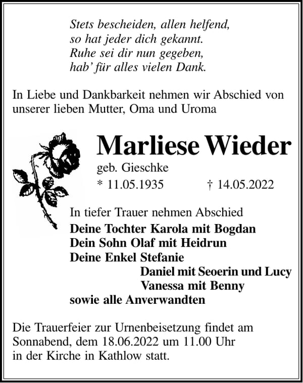 Traueranzeige Marliese Wieder, geb. Gieschke
